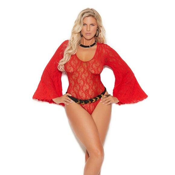 Plus Size Red Lace Bell Sleeve Teddy Lingerie - Picture 1 of 3
